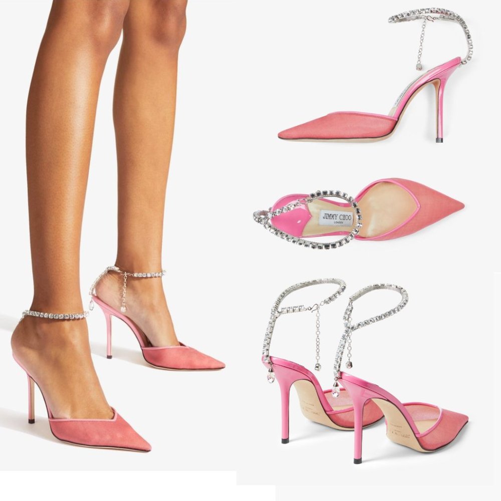 Jimmy Choo Saeda 100 Pointed Toe Mesh Pumps Pink Crystal Embellished Ankle Strap